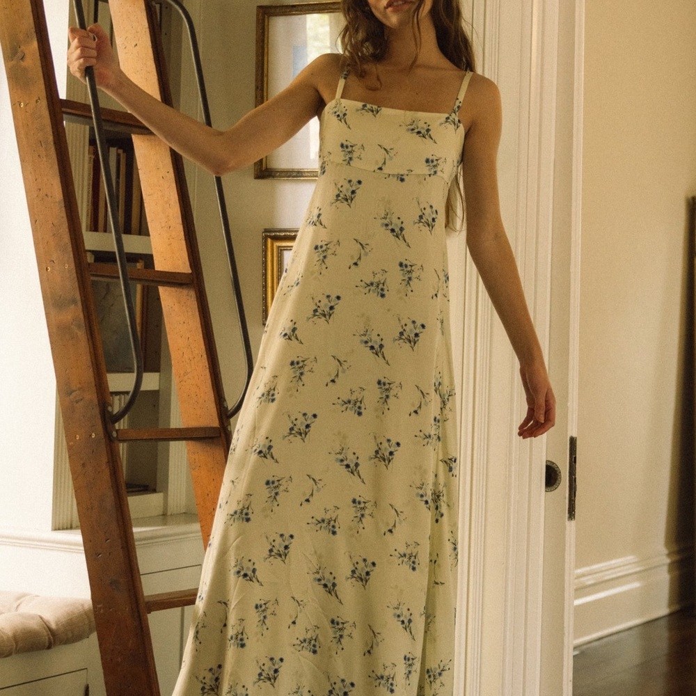 French Connection Cream Maxi Dress with Blue Floral Print